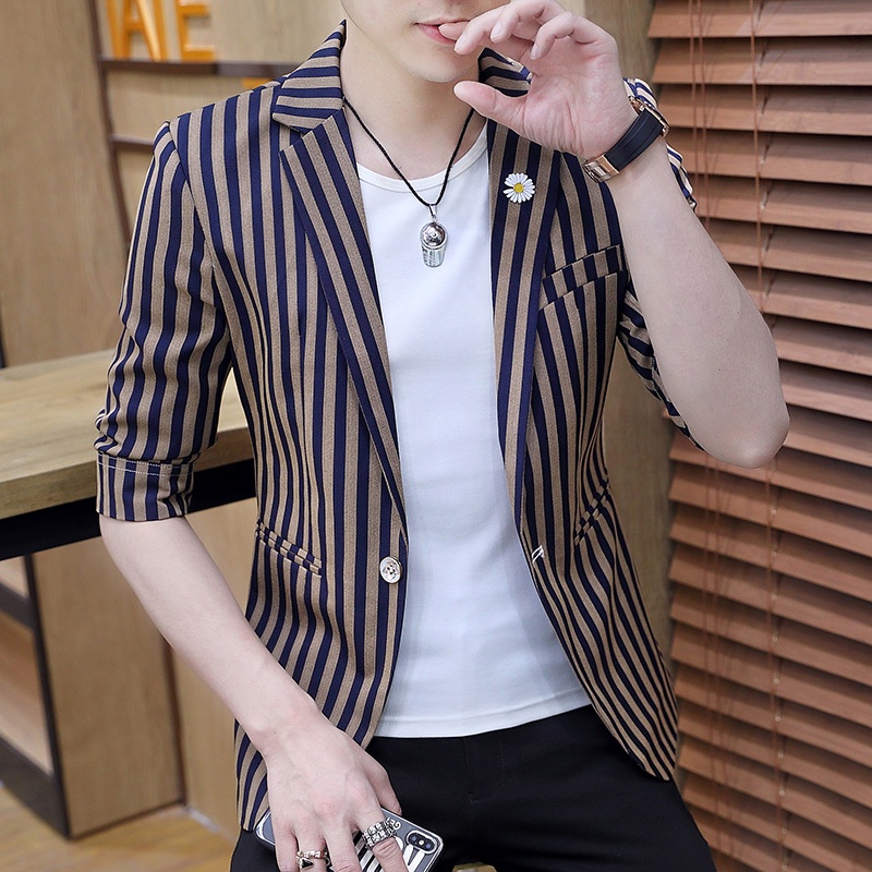 夏季新款五分袖條紋小西裝男士 韓版緊身青年時尚西裝外套 夏季男西裝