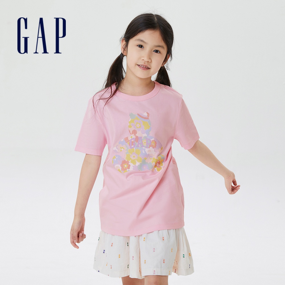 Gap 女童裝 Logo純棉小熊印花短袖T恤-粉色(670303)