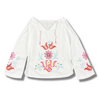 🌵桑古🌵鬱金香刺繡 花卉 純白 垂墜感 民族風 波希米亞 短袖上衣 墨西哥圖騰刺繡上衣 匈牙利刺繡上衣 女上衣 棉麻