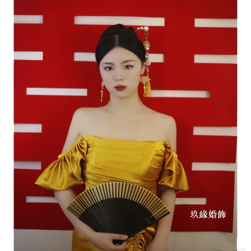 新中式金色旗袍造型頭飾流蘇發飾古風新娘禮服後盤氣質發簪飾品女