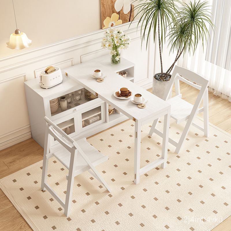【熊貓傢具】白色實木折疊餐桌餐邊櫃一體組閤小戶型伸縮吧臺多功能儲物櫃 桌子 餐桌 桌椅