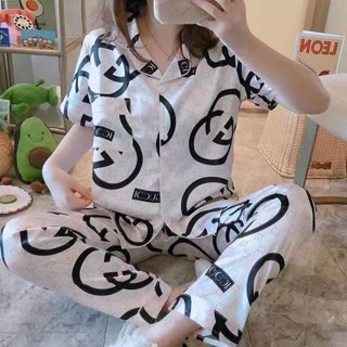 免運 睡衣女士薄款夏季冰絲大尺碼套裝可愛性感寬鬆短袖長褲可外穿模擬絲春秋天家居服 爆款