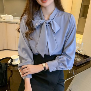 【Sweet Oversize】襯衫女2023春秋新款韓範緞麵雪紡衫女蝴蝶結寬鬆長袖洋氣襯衣上衣