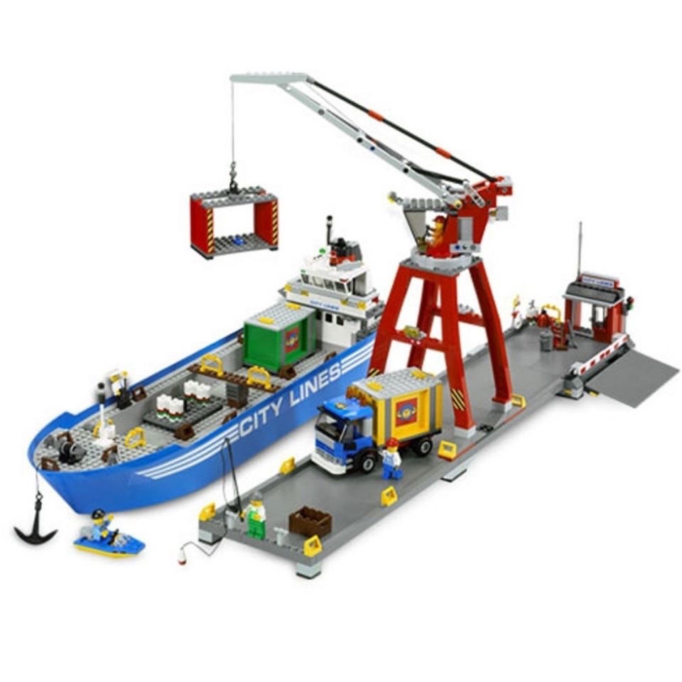 拼裝車 玩具 兼容樂高7994城市系列 超級貨運港口碼頭 運輸船貨輪塔吊積木玩具