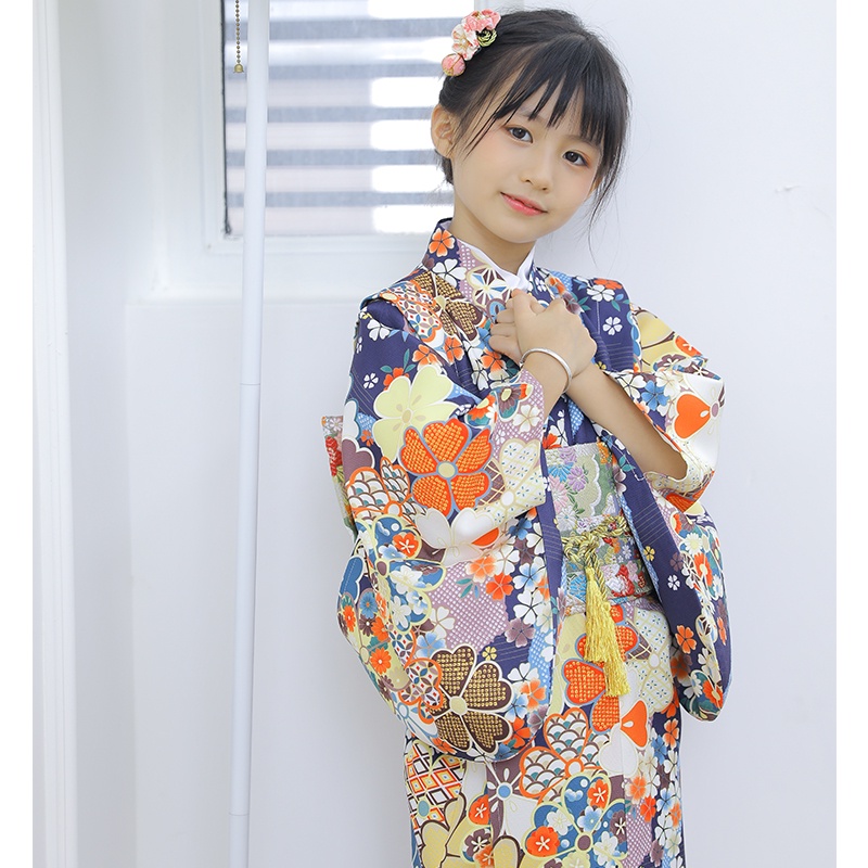 新款桔子點點小藍櫻花日本兒童和服日式浴衣女童連衣裙演出服道具