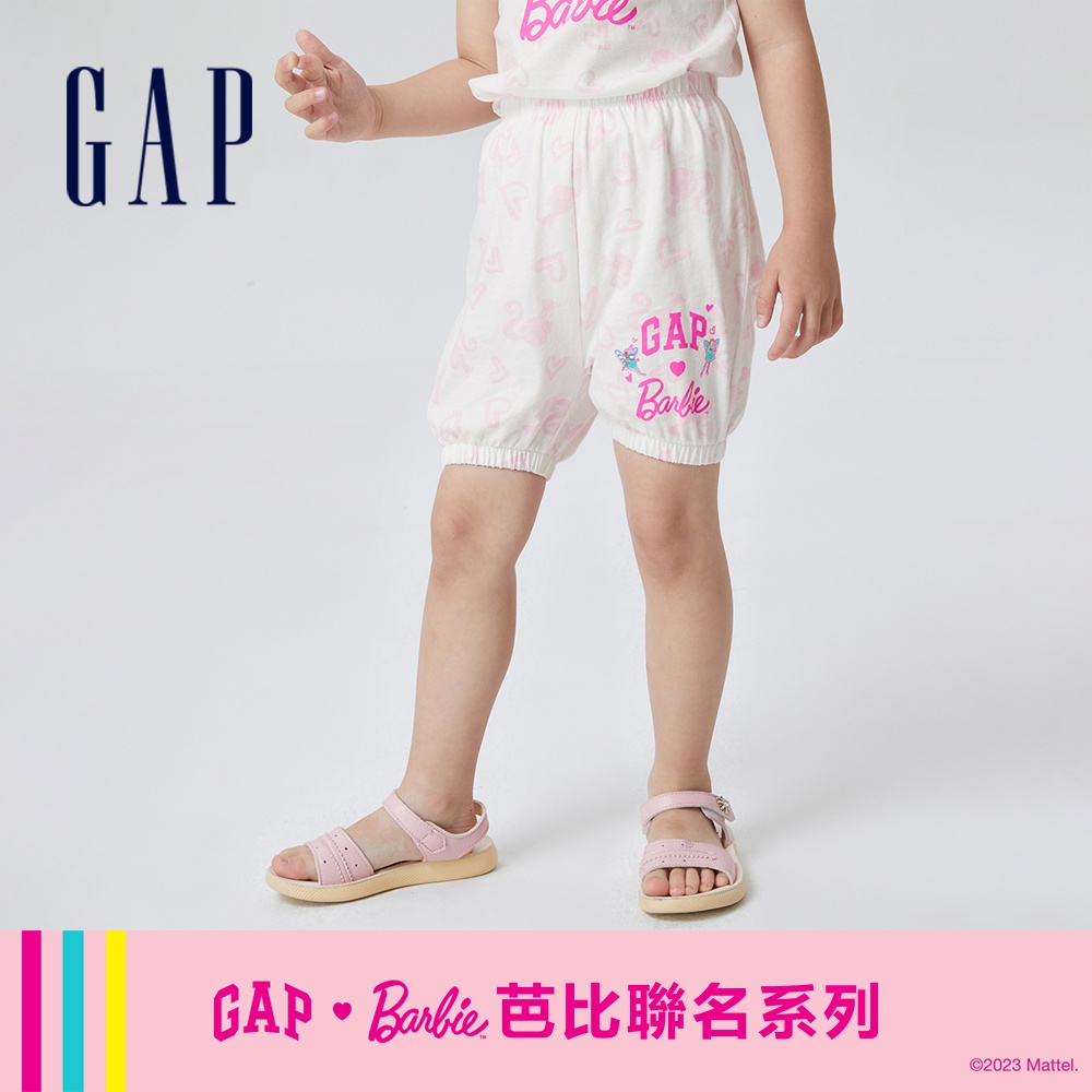Gap 女幼童裝 Gap x Barbie芭比聯名 Logo純棉印花束口鬆緊短褲-粉色印花(810364)