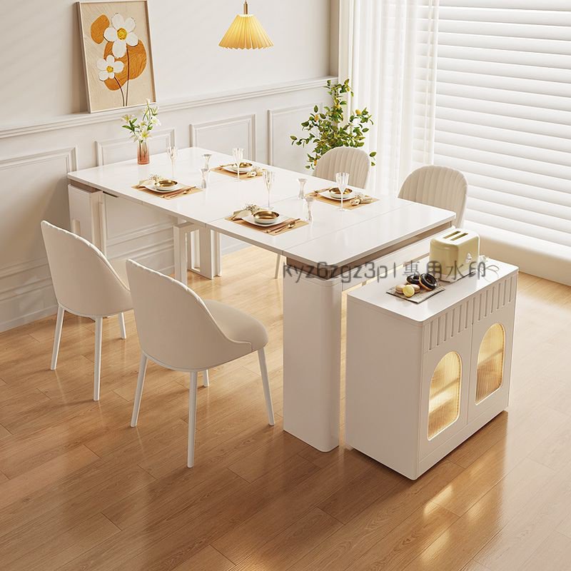 伸縮餐桌餐邊櫃一體奶油風小戶型傢用餐廳多功能折疊飯桌實木餐椅
