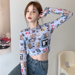 網紗 疊穿 打底衫💕 泫雅風甜辣防曬衣女夏季冰絲長袖t恤短款修身內搭網紗打底衫上衣 女生上衣 內搭