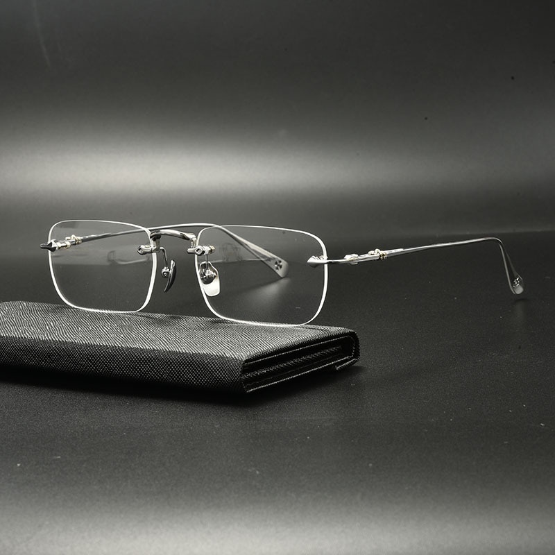 👍日本代購👍眼鏡架鏡框克羅新眼鏡框架鈦鏡框超輕無框打孔無邊框男女銀色近視鏡