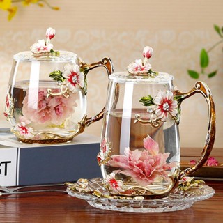 琺瑯彩 水晶花 茶杯 玻璃杯 咖啡杯 家用 歐式 禮盒裝 茶具 帶蓋 帶勺 送禮推薦