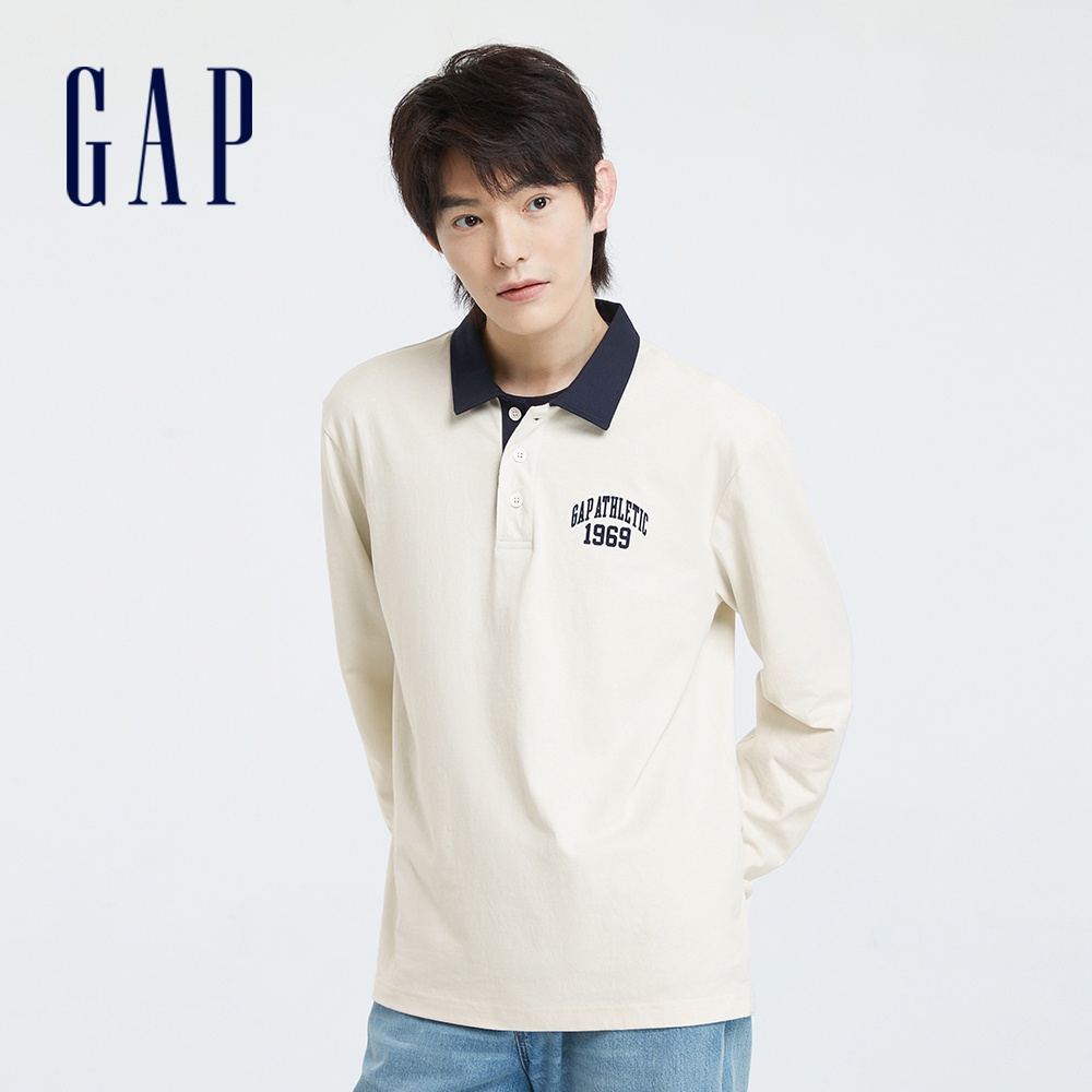 Gap 男裝 Logo印花翻領長袖Polo衫-白色(773162)