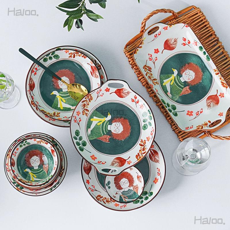 Haloo精選 北歐風 創意陶瓷餐具飯碗 水果沙拉盤 湯碗 魚盤 可愛少女盤子 碗筷套裝