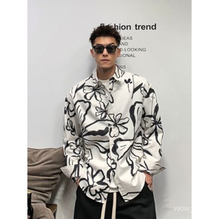 【潮尚男裝】長袖襯衫 秋季薄款男士長袖襯衫 國潮滿印碎花 ins潮流痞帥襯衣 白色印花襯衫 秋季新款襯衫 FALR