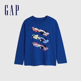 Gap 男幼童裝 Logo純棉印花圓領長袖T恤-藍色(748015)