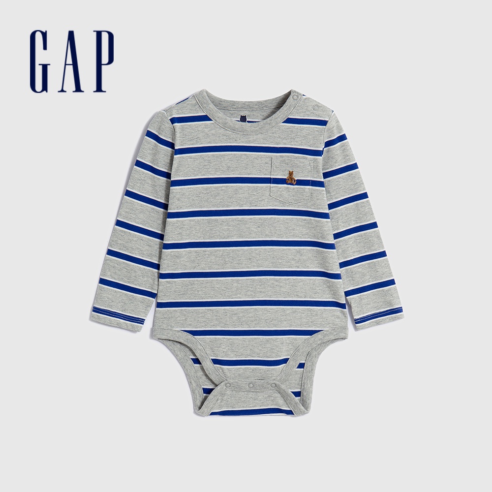 Gap 嬰兒裝 純棉小熊刺繡長袖包屁衣-藍灰條紋(787442)