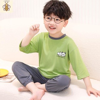 小蜜蜂童裝 男童睡衣 居家服夏季薄款兒童七分袖居家服男女童透氣睡衣寶寶卡通空調服套裝輕薄