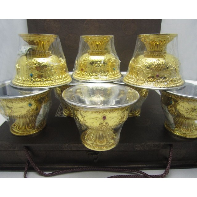 ♦藏密尼泊爾工藝 純銅鎏金八吉祥八供杯八供碗供水杯 8個 大號結緣