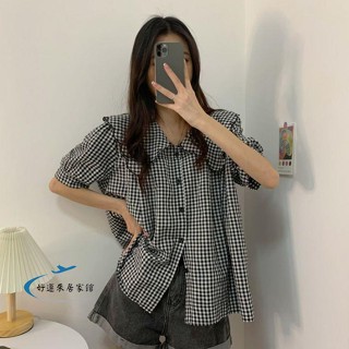 優品熱賣/法式娃娃領格子短袖襯衫女夏別緻泡泡袖上衣小個子設計感小眾襯衫/熱賣