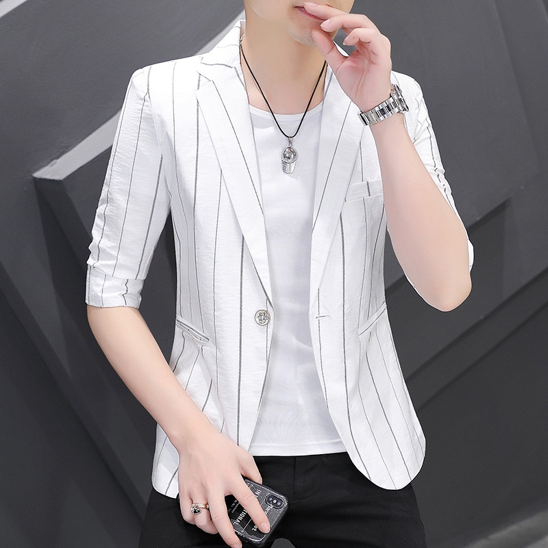 2023夏季新款條紋七分袖小西裝男士韓版緊身青年休閒時尚西裝外套 夏季男西裝