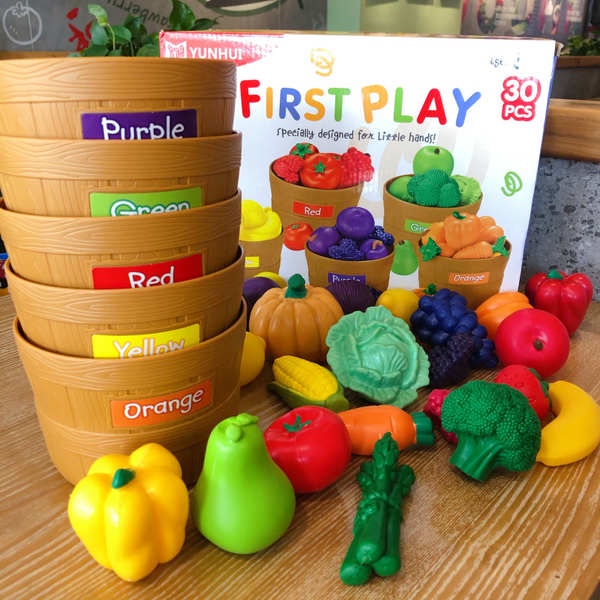 軟膠蔬菜水果桶認知籮筐分類顏色早教兒童教學早教具啟蒙玩具農場