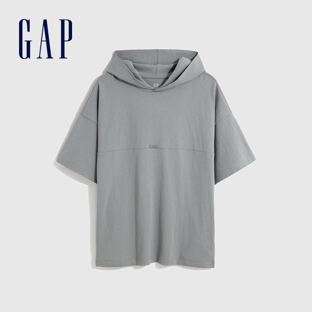 Gap 男裝 Logo短袖帽T 厚磅密織水洗棉系列-灰色(601686)