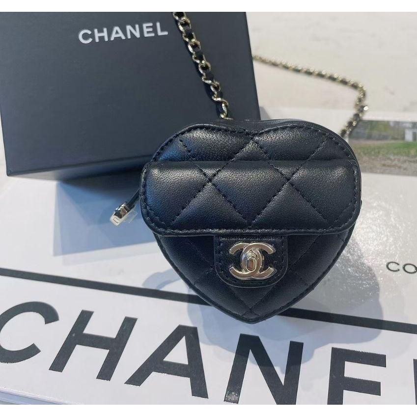 二手Chanel 香奈兒 經典爆款22s 黑金 mini愛心項鏈包 腰包 耳機包