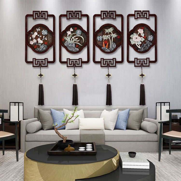 熱銷/客廳裝飾畫新中式梅蘭竹菊墻壁掛畫餐廳玉雕畫沙發背景墻浮雕畫LINHUJ