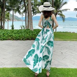海南三亞沙灘裙2022新海邊度假泰國顯瘦超仙雪紡吊帶露背洋裝女