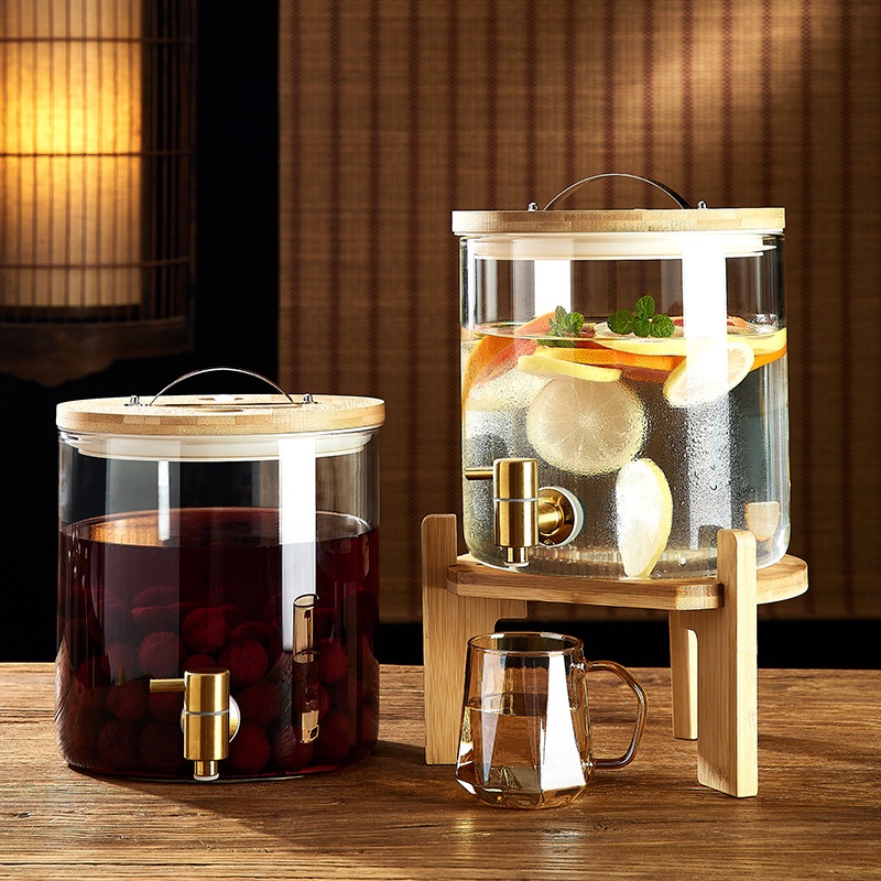 冷水壺帶龍頭玻璃耐高溫家用大容量涼水壺熱水壺餐廳果汁壺杯套裝