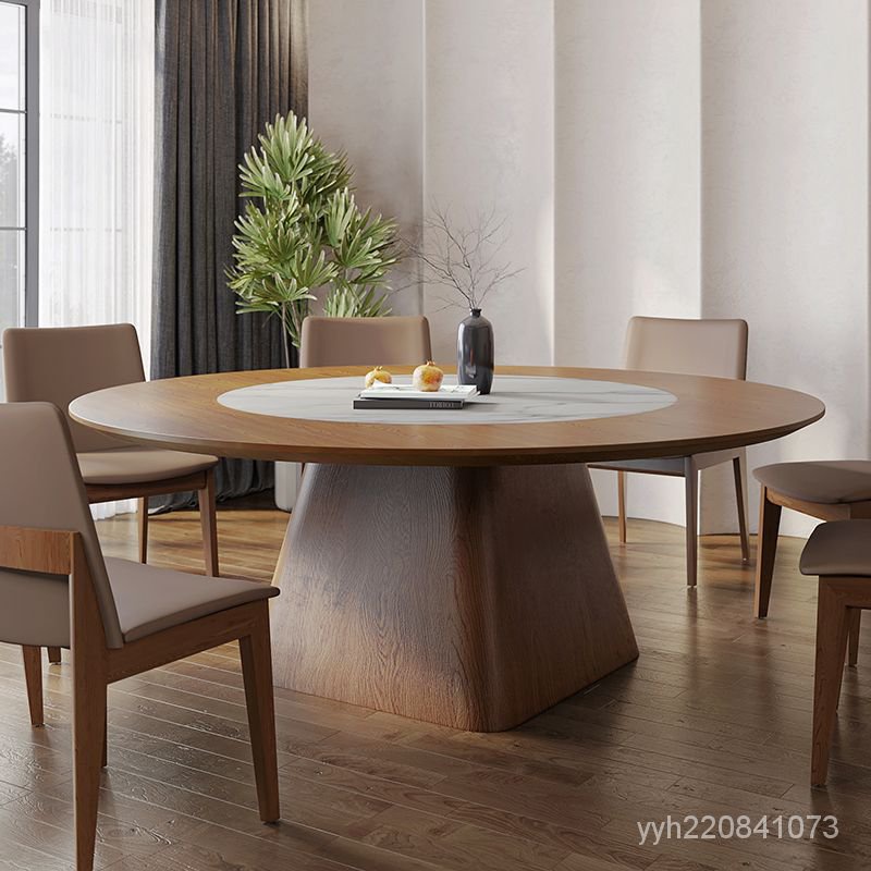餐桌 創意餐桌 1.8米大圓餐桌12人傢用實木衚桃色帶嵌入轉盤圓桌中式大型圓餐桌