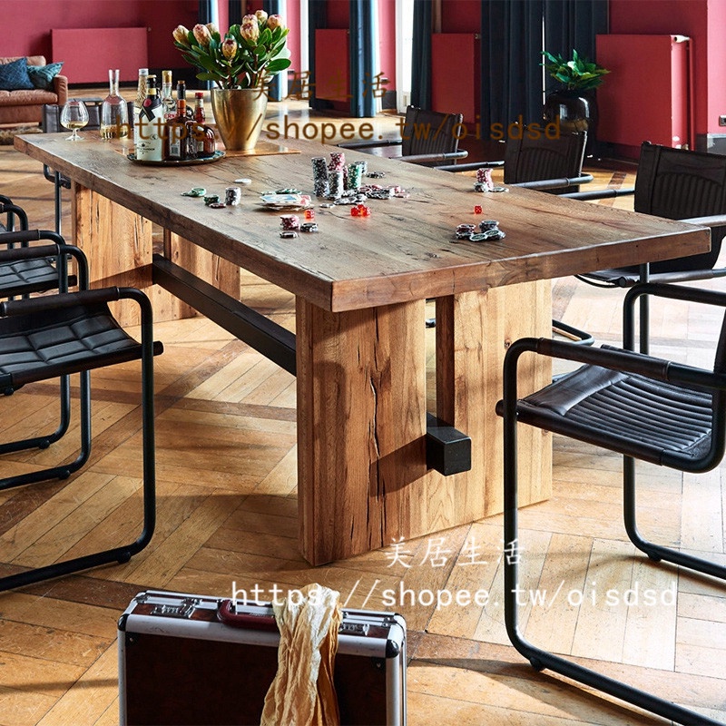 【美居生活】美式鄉村復古實木餐桌工業風會議桌歐式原木辦公桌家用飯桌椅組合