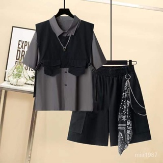 【男士套裝】男女衕款套裝2022夏季韓版寬鬆短袖襯衫+工裝馬甲短褲三件套ins潮 BZ0R