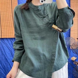 熱賣中💖💖秋季文藝復古純色亞麻料手工盤扣圓領套頭上衣女