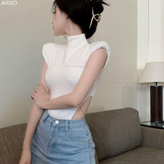 ARXO 歐美連體衣 性感辣妹連體上衣女夏緊身露腰背心時尚氣質設計感內搭白色T恤潮