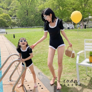 Xuan♥新款母女親子泳裝連體黑色木耳邊可愛女寶寶兒童游泳衣顯瘦新款