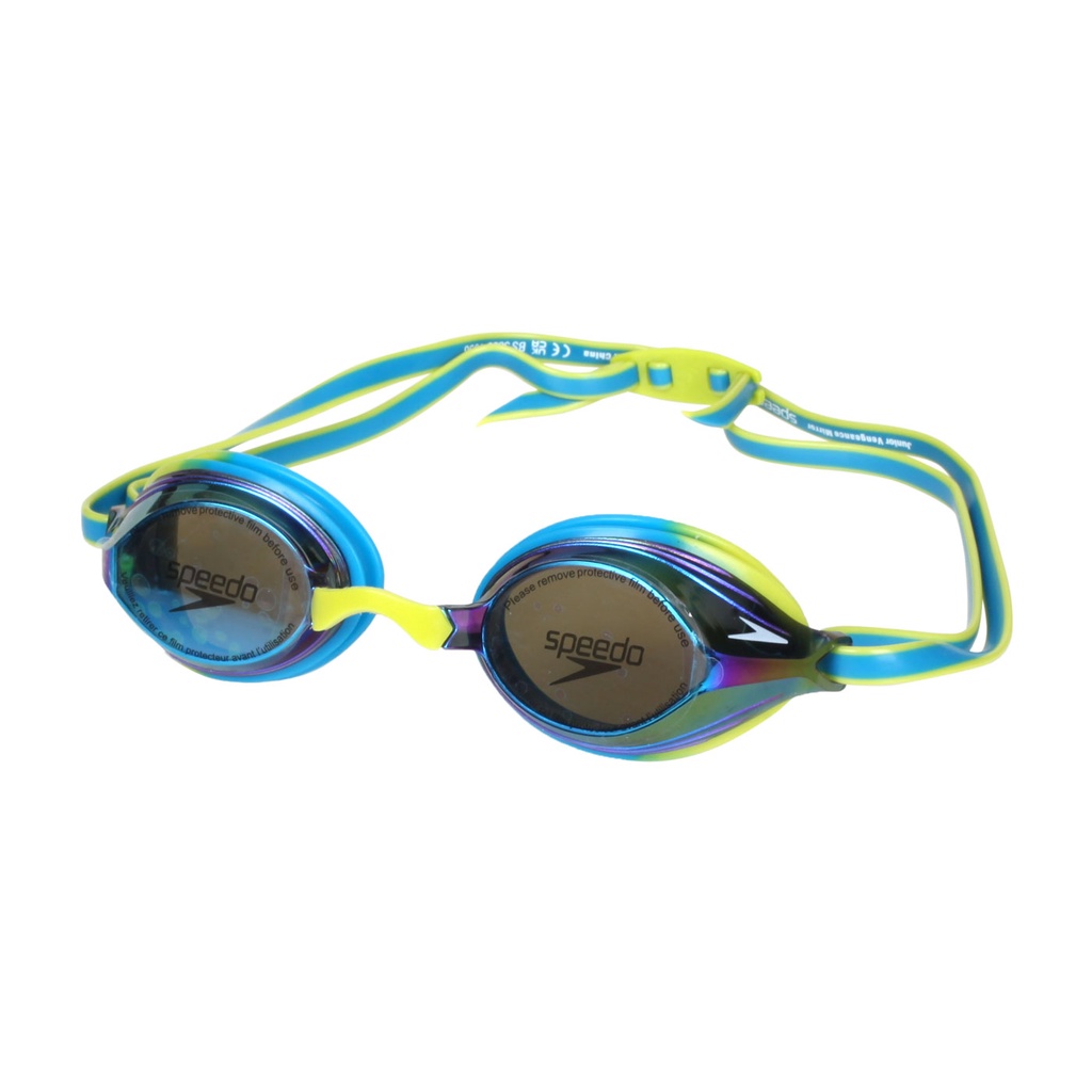 SPEEDO Vengeance Mirror 兒童競技鏡面泳鏡(抗UV 游泳「SD811325G799」 深藍萊姆綠