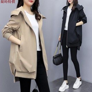 寬鬆外套 長袖外套 女生外套 外套女 休閒外套 有里布春秋韓版卡其色寬松休閑連帽風衣女中長款黑色氣質外套あ