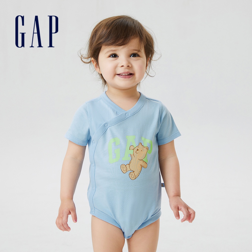 Gap 嬰兒裝 Logo/小熊印花純棉短袖包屁衣-天藍色(671354)