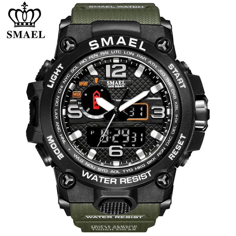 特熱銷 SMAEL男士運動手錶雙顯示屏手錶模擬數字果醬坦anLED電子石英防水游泳男士手錶1545