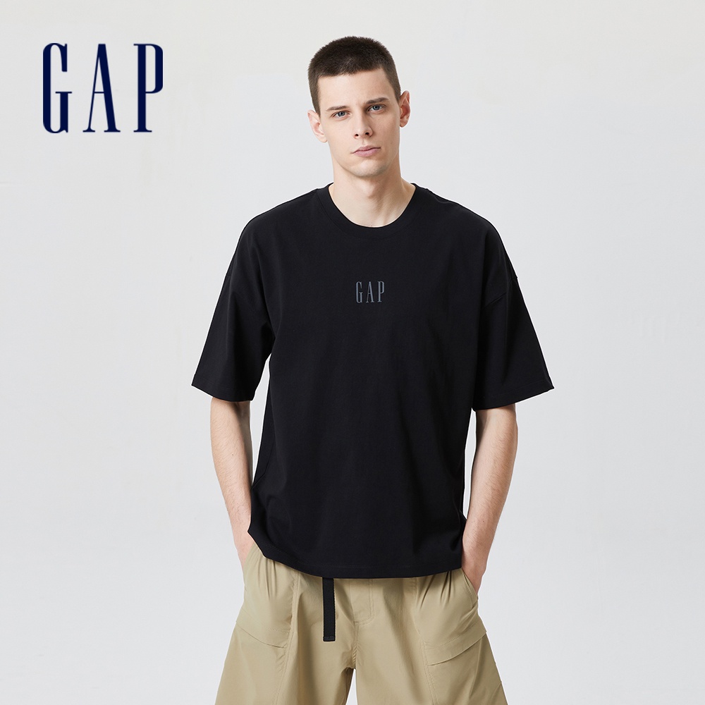 Gap 男裝 Logo短袖T恤 厚磅密織水洗棉系列-黑色(817257)