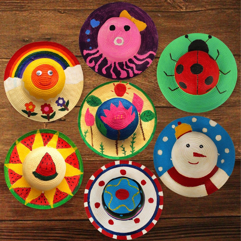 兒童DIY帽子手工材料包草帽diy繪畫帽子兒童幼兒園畫畫彩繪手繪涂鴉涂色創意手工材料包