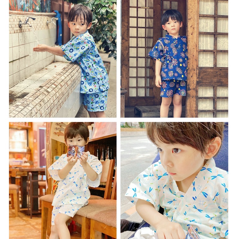 日本男童純棉甚平和服浴衣套裝汗蒸家居服兒童和服浴衣男