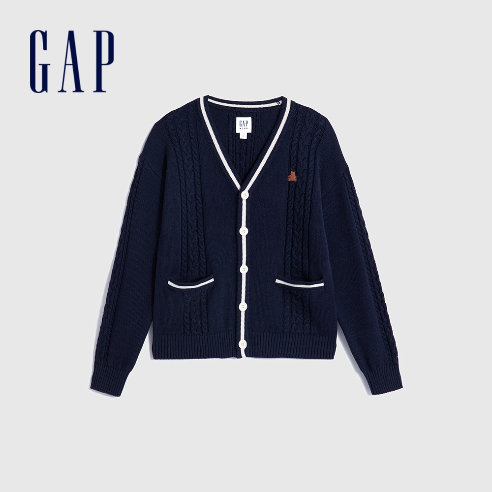 Gap 男童裝 純棉小熊刺繡V領麻花針織外套-海軍藍(719032)