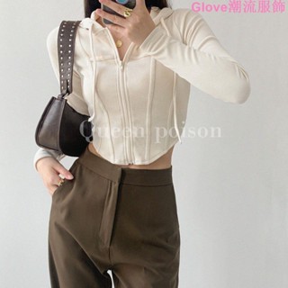 【臺灣出貨】歐美連帽拉鏈開衫女春復古修身顯瘦運動外套短款露臍長袖上衣運動上衣女 瑜伽服 速乾服 排汗
