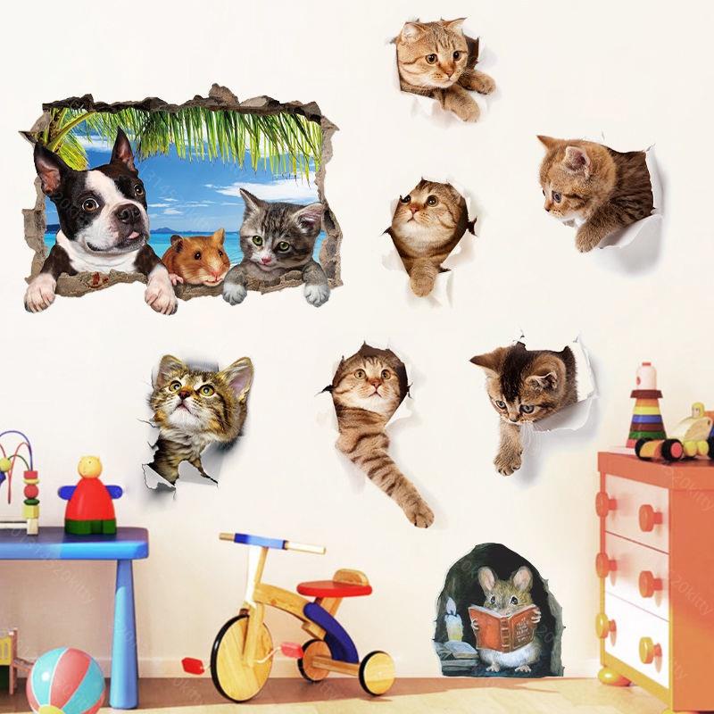 旺🎈立體3D視覺創意貼紙可愛仿真貓咪小老鼠房間墻角落裝飾品自粘壁畫動物貼紙🎈旺