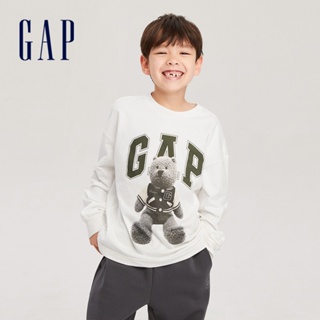 Gap 男童裝 Logo小熊印花圓領長袖T恤-白色(786572)