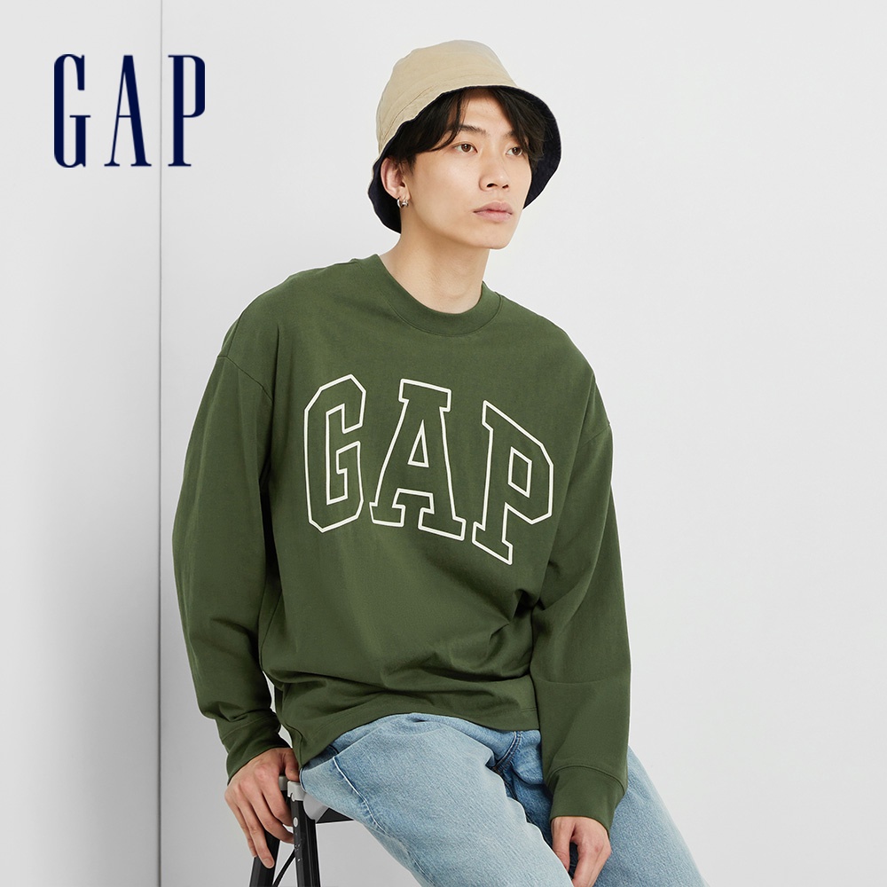 Gap 男女同款 Logo寬鬆長袖T恤 厚磅密織水洗棉系列-軍綠色(506333)