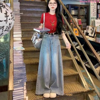 超大尺碼~寬褲大碼胖mm復古高腰垂感大闊腿牛仔褲女設計感小眾寬松拖地喇叭褲潮彈力拖地褲 闊腿褲 長褲 寬褲女