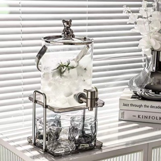 北歐 銀色小熊 玻璃冷水壺 帶水龍頭 大容量水桶 水杯套裝 家用 水果茶 飲料桶