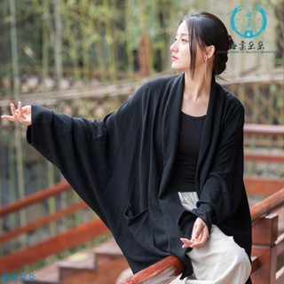 海棠朵朵❀民族風 大尺碼上衣 寬鬆T恤 原創改良棉麻砂洗禪系披肩式外衣輕薄慵懶旅拍茶服女式外套開衫女